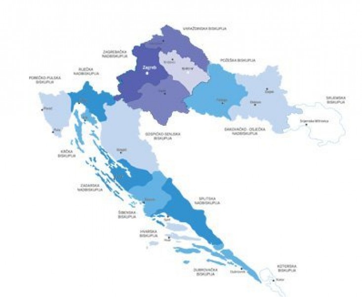 Zemljevid škofij na Hrvaškem - vir - Glas koncila