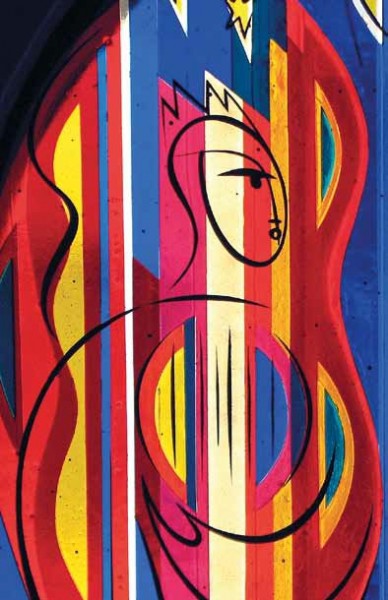 M. Metlikovič, Kralj David s harfo, 2008-2010 - vitraj, taljeno steklo s črtno poslikavo, 255 x 72 cm (izrez)  kapela Božje ljubezni, Zavod A. M. Slomška, Maribor
