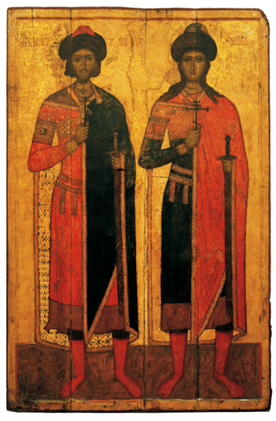 Sveta knežja brata Boris in Gleb (umorjena leta 1015), novgorodska ikona iz 14. stoletja (Ruski umetnostni znanstveno-restavratorski center, Moskva)